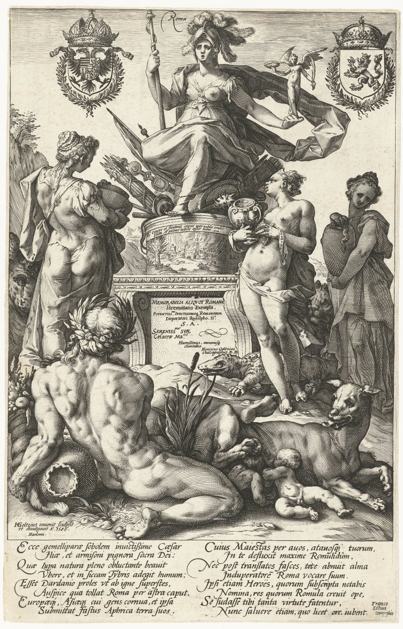 طباعة العنوان لسلسلة الطباعة The Roman Heroes روما (العنوان على الكائن) أبطال الرومان (عنوان المسلسل) بواسطة هندريك جولتزيوس