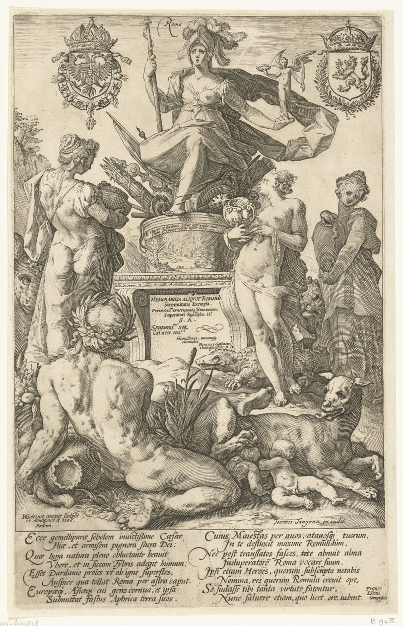 طباعة العنوان لسلسلة الطباعة The Roman Heroes روما (العنوان على الكائن) أبطال الرومان (عنوان المسلسل) بواسطة هندريك جولتزيوس