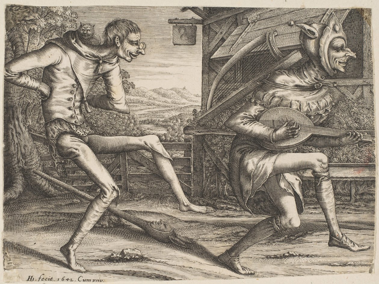 اثنين من الحمقى يرقصون من اثنين وثلاثة حمقى من الكرنفال ، 1642. بواسطة هندريك هونديوس الأول