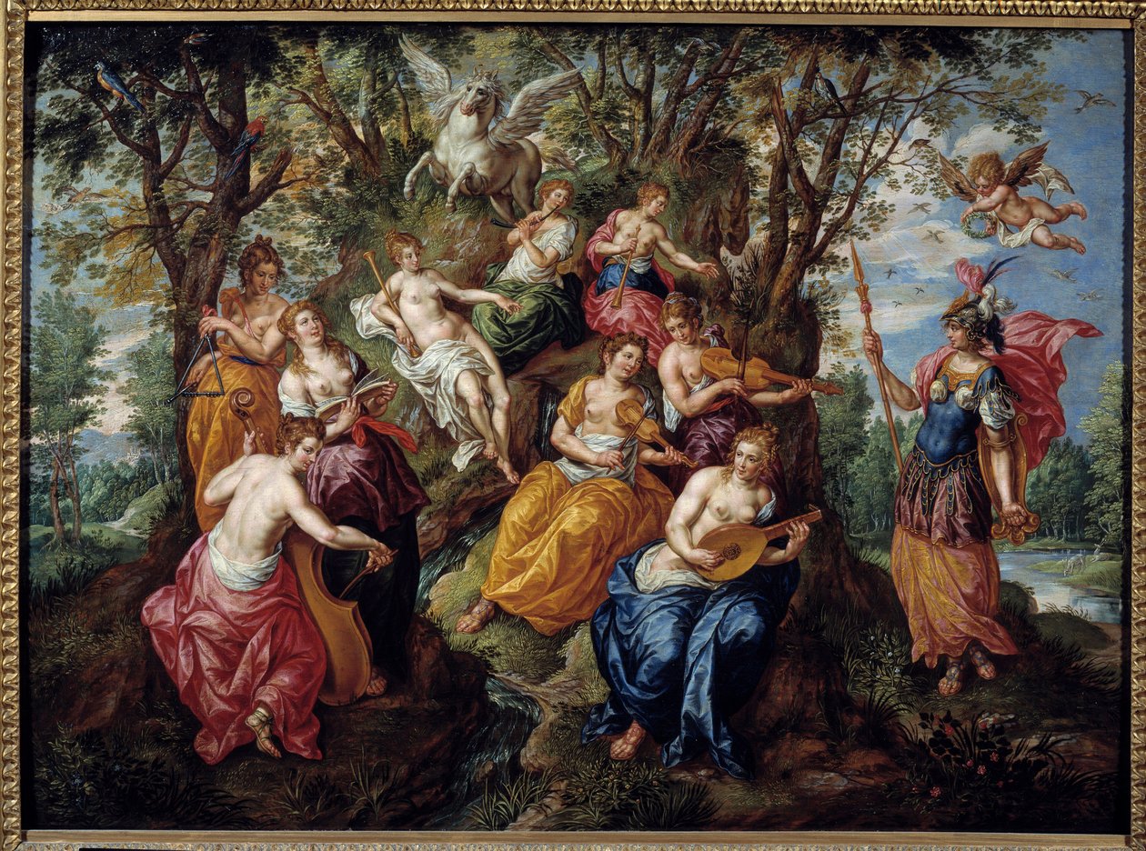 زيارة مينيرفا في لوحة Muses التي رسمها Hendrick de Clerk (1570-1629) (ec.flam.) من القرن السابع عشر شالون سور مارن. متحف الفنون الجميلة بواسطة هندريك دي كليرك
