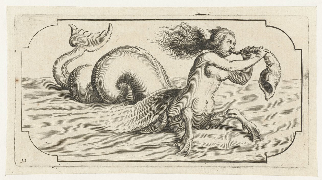 شخصية أنثوية تنفخ على قذيفة Nouveau Livre des Dieux et Deeßes De la Marine Bouckje of Sea Gods and Goddesses (عنوان السلسلة) بواسطة هندريك دي كيسير (أنا)