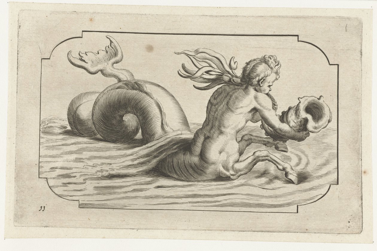 فرس البحر مع الجزء العلوي من جسم الذكر Nouveau Livre des Dieux et Deeßes De la Marine Bouckje of Sea Gods and Goddesses (عنوان السلسلة) بواسطة هندريك دي كيسير (أنا)
