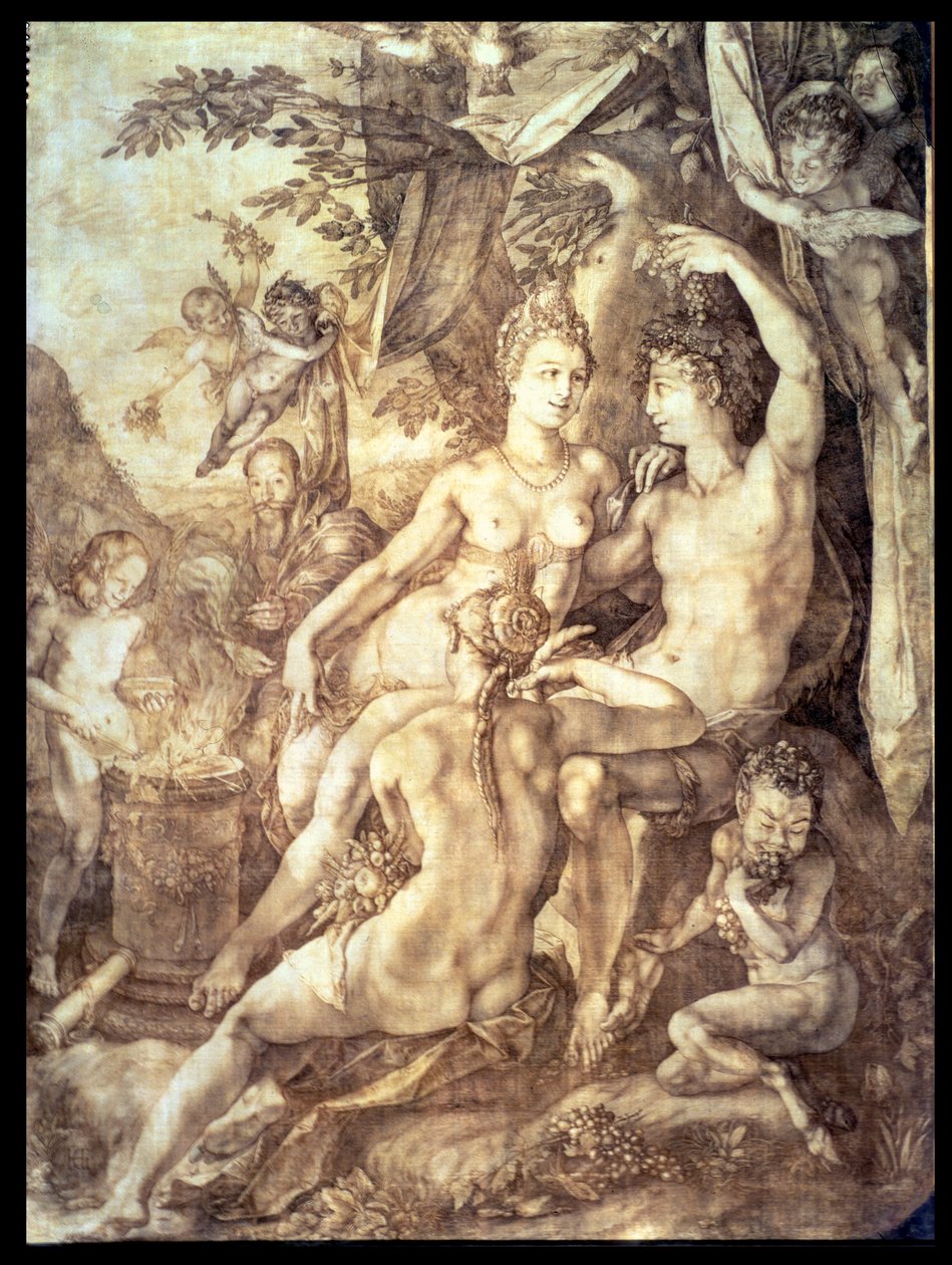 باخوس ، فينوس وسيريس ، c.1606 (قلم وحبر بني) بواسطة هندريك جولتزيوس
