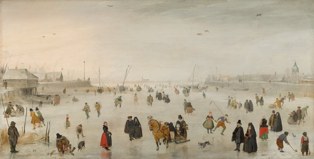 مشهد على الجليد حوالي عام 1625 (زيت على لوح) بواسطة هندريك أفركامب
