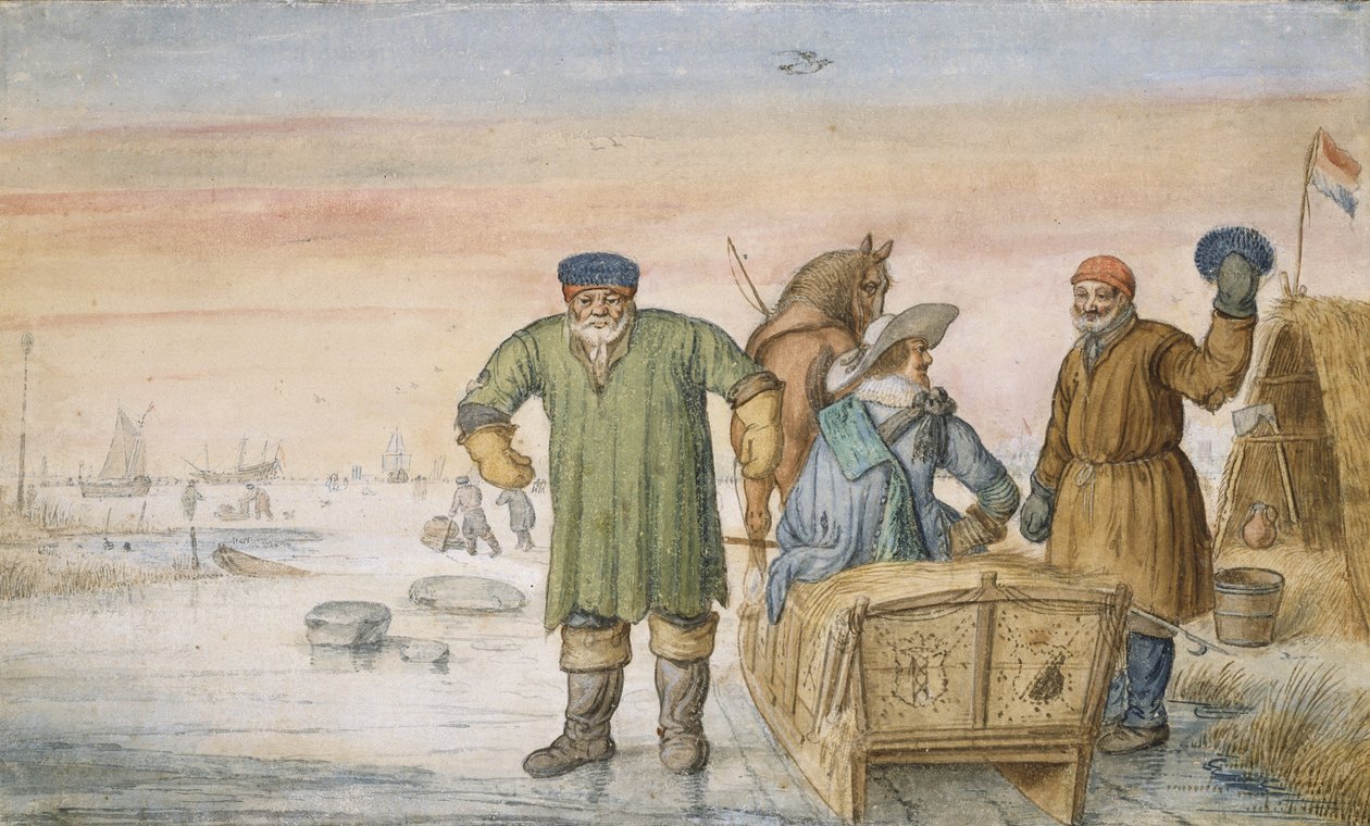 رجلان عجوزان بجانب زلاجة تحمل شعار النبالة في أمستردام وأوتريخت ، 1620-1633 بواسطة هندريك أفركامب