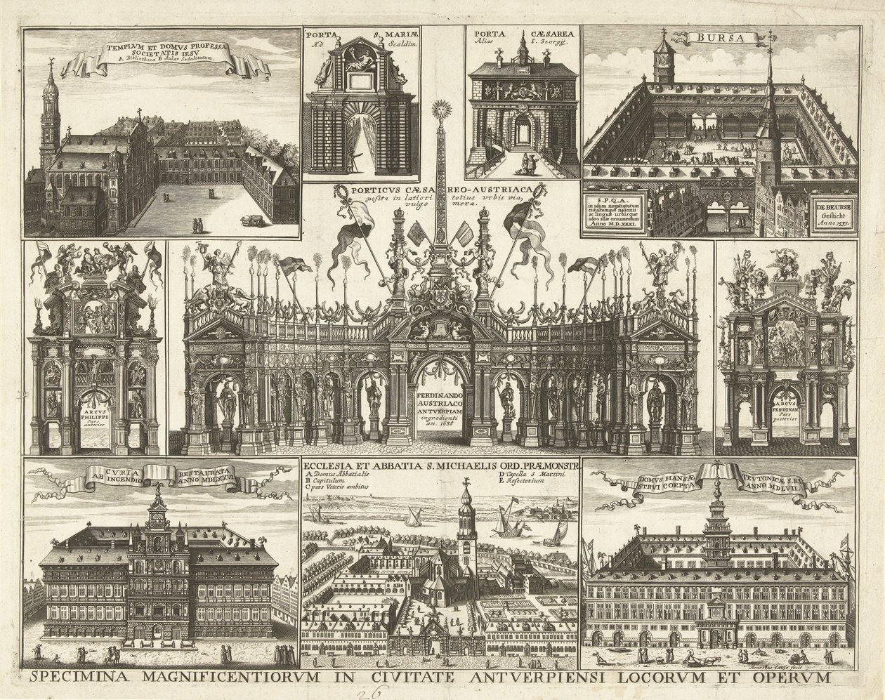 Blad met tien voorsetningen van de tocht van de Kardinaal Infant Ferdinand te Antwerpen، 1635 عينات من أروع الأماكن والأعمال في مدينة أنتويرب (العنوان على الكائن) بواسطة هندريك كوسي