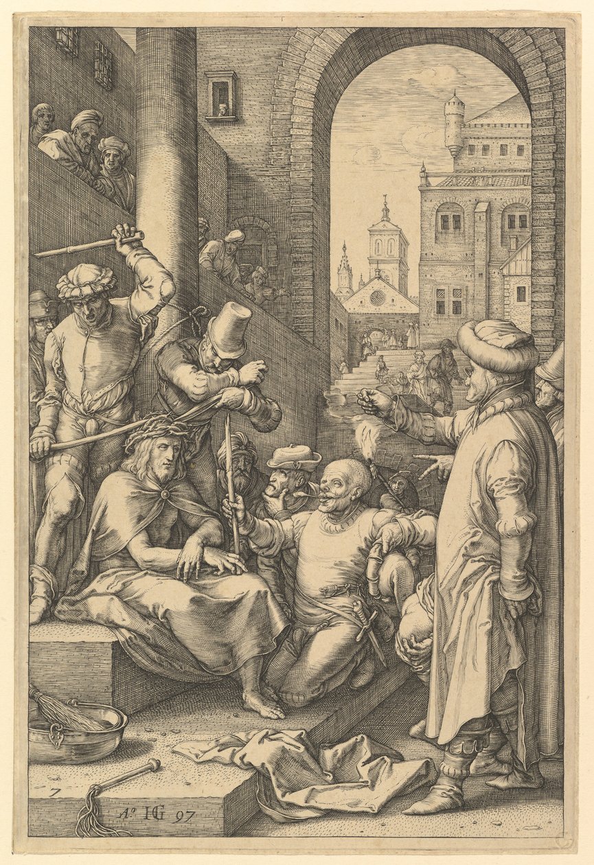 التتويج بالأشواك ، من آلام المسيح ، 1597. بواسطة هندريك جولتزيوس