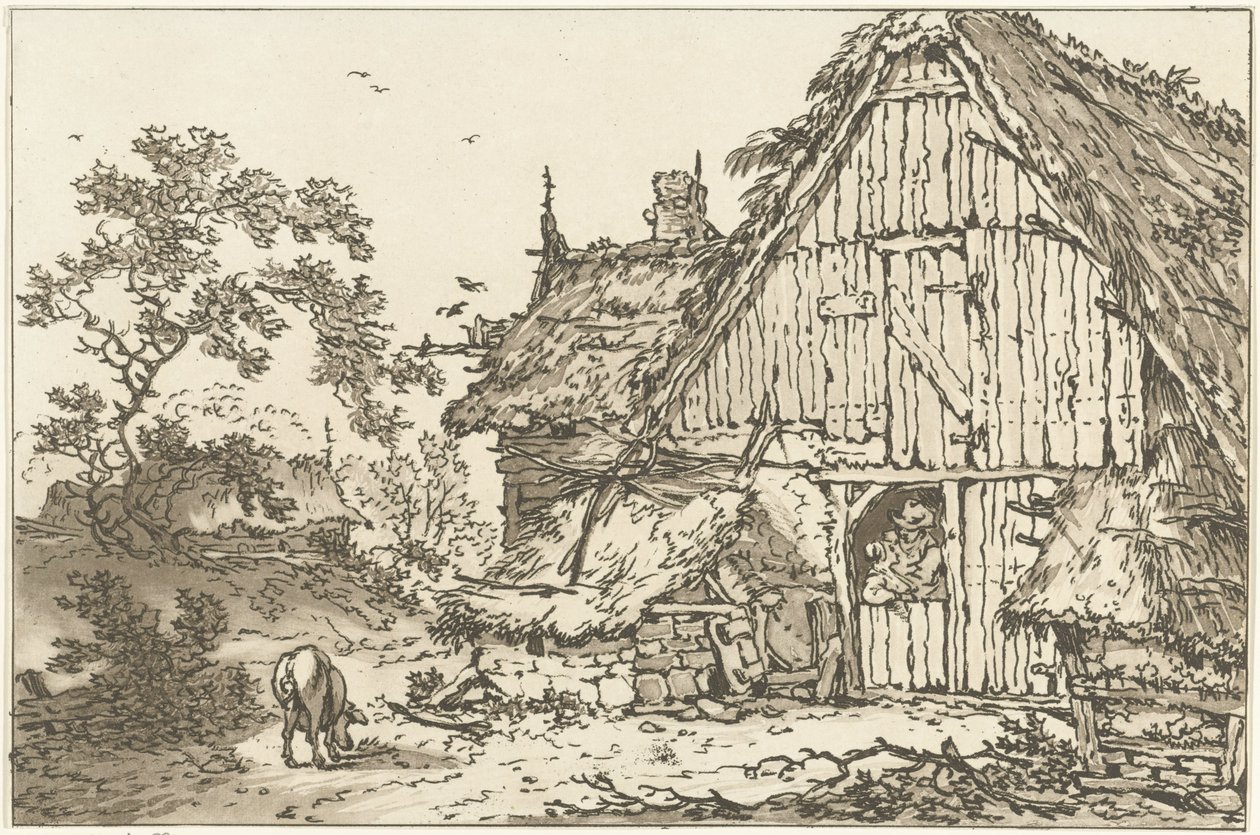 التقى Boerderij twee mensen في deuropening تم حساب اثني عشر تصميمًا لاستخدام من يتعلمون رسم المناظر الطبيعية (عنوان السلسلة) بواسطة هندريك ميجر