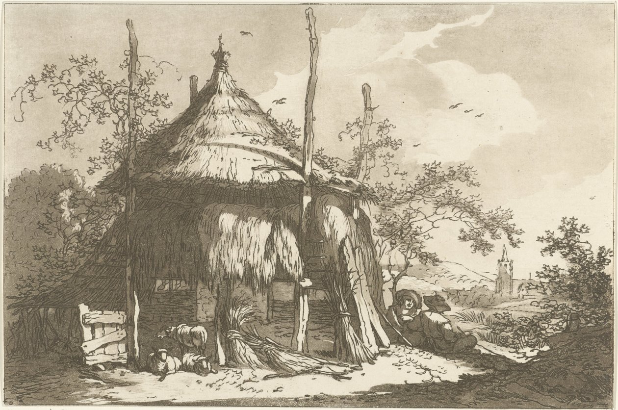 Herders bij een hooiberg تم حساب اثني عشر تصميمًا لاستخدام من يتعلمون رسم المناظر الطبيعية (عنوان السلسلة) بواسطة هندريك ميجر