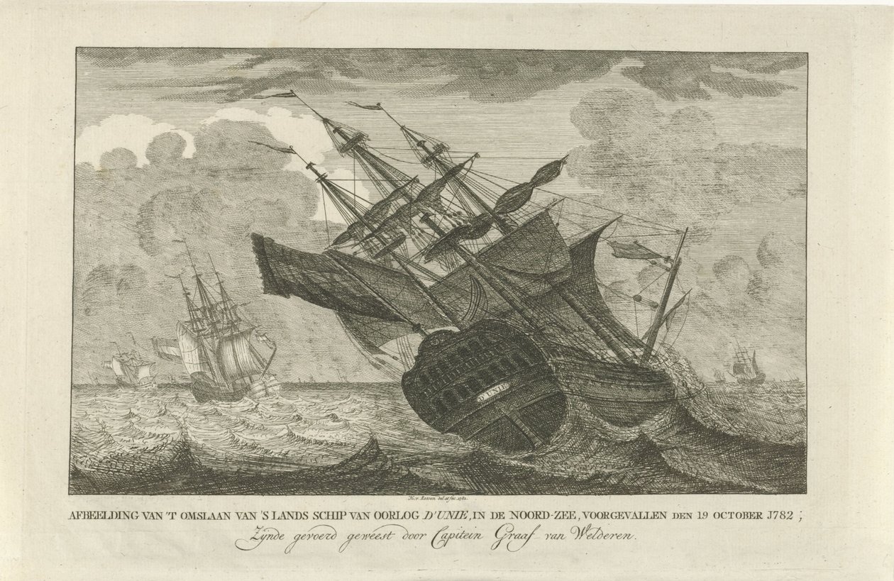 حطام سفينة الاتحاد ، 1782 تصوير للاستيلاء على سفينة حرب الاتحاد في بحر الشمال ، في 19 أكتوبر 1782 ؛ بعد أن خدم من قبل الكابتن Graaf van Welderen (العنوان على الكائن) بواسطة هندريك ر. فان روسين
