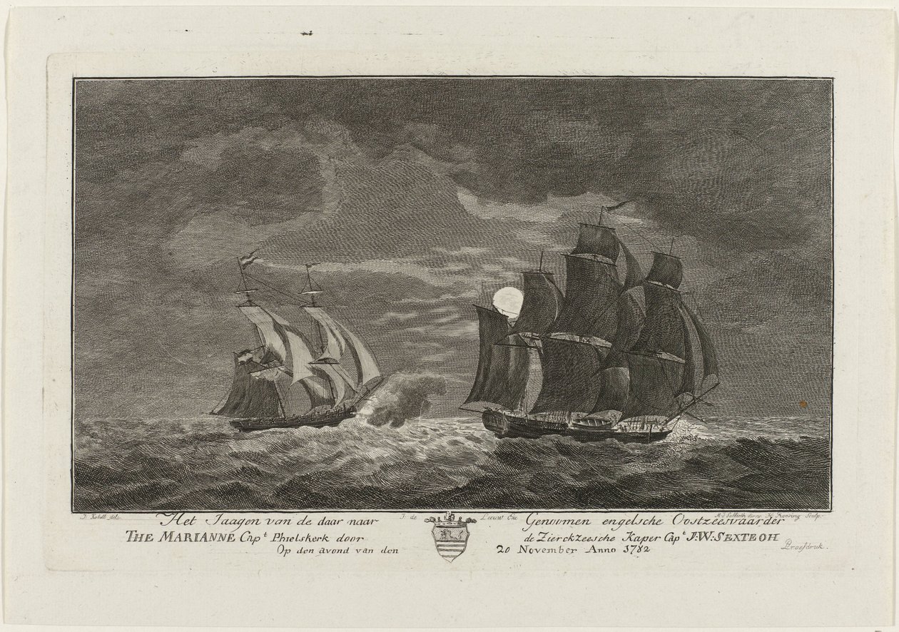 سيكستروه صيد ماريان ، 1782 صيد سفينة بحر البلطيق الإنجليزية المأخوذة من ماريان النقيب. Phielskerk من قبل Zierikzeesche Kaper Capt. J: W: Sextroh في مساء يوم 20 نوفمبر Anno 1782 (العنوان على الكائن) بواسطة هنريك رووسينج