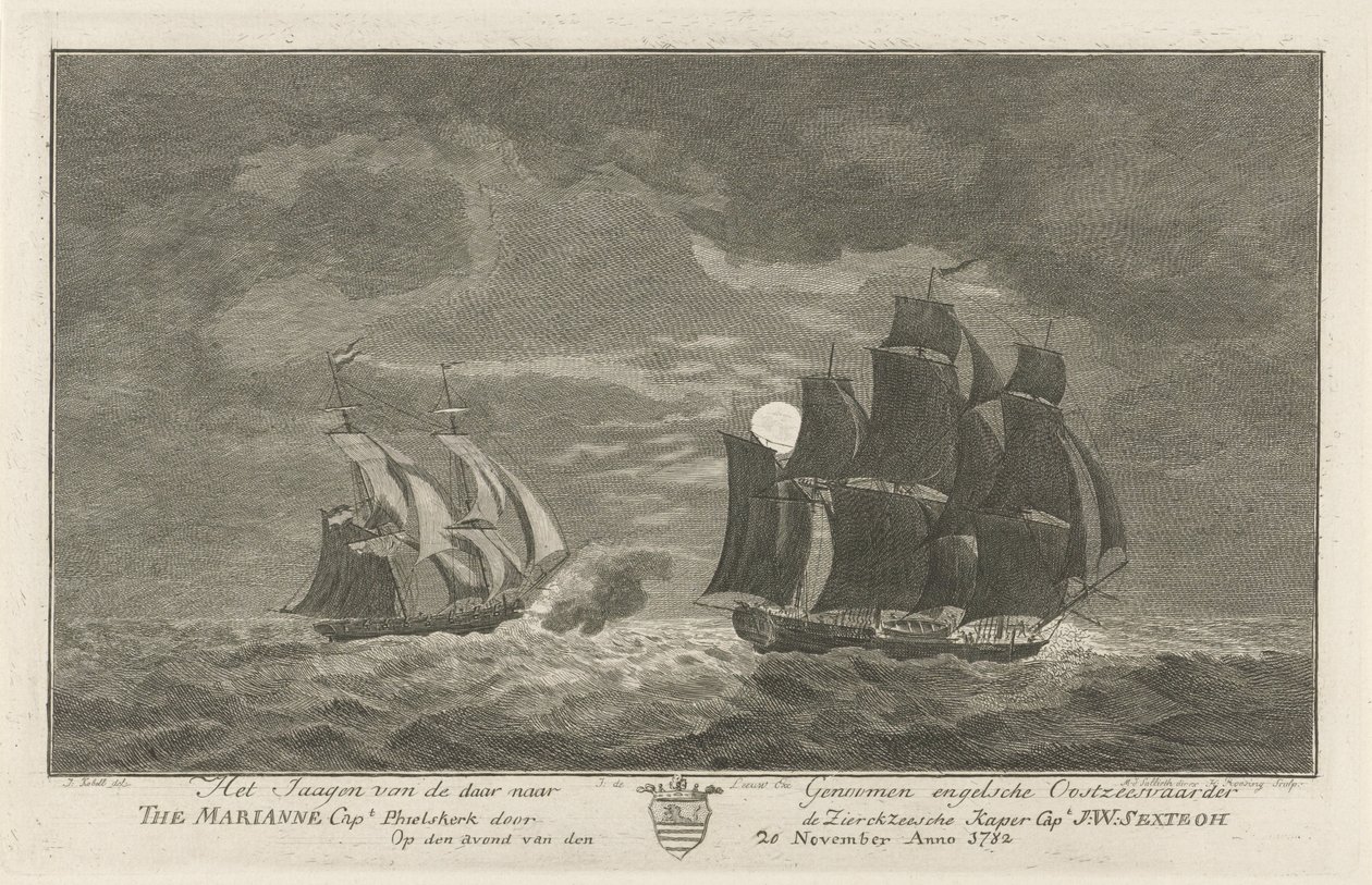 سيكستروه صيد ماريان ، 1782 صيد سفينة بحر البلطيق الإنجليزية المأخوذة من ماريان النقيب. Phielskerk من قبل Zierikzeesche Kaper Capt. J: W: Sextroh في مساء يوم 20 نوفمبر Anno 1782 (العنوان على الكائن) بواسطة هنريك رووسينج