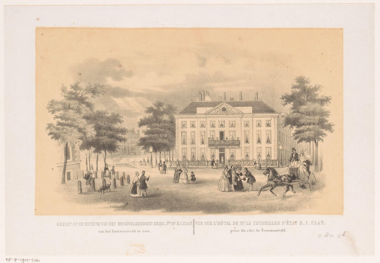 منظر من Tournooiveld على Herenlogement van Dordrecht في لاهاي حوالي عام 1850 يمكن رؤية منظر منزل السيد حسن المولد السيد إتش آي كان من Tournooiveld (العنوان على الكائن) بواسطة هندريك فيلهلموس الأخير (منسوب إلى)