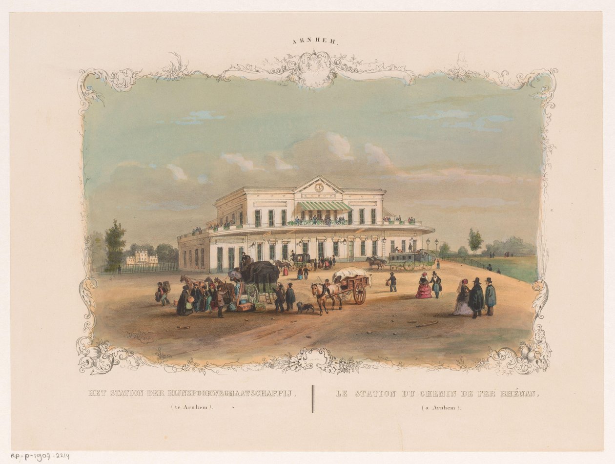 منظر للمحطة في أرنهيم محطة شركة سكة حديد الراين (في أرنهيم) (العنوان على الجسم) Arnhem (عنوان المسلسل على الكائن) بواسطة هندريك فيلهلموس الأخير