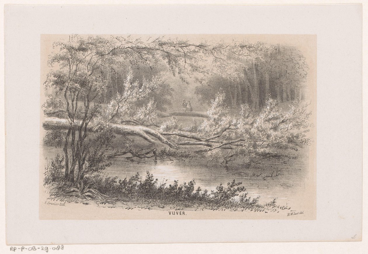 شجرة سقطت بعد عاصفة 28 مايو 1860 بركة (العنوان على الكائن) ألبوم من عشرة رسومات مطبوعة بالحجر ، تصور تونيلين فان دي فيروستينج ، المتضررة من عاصفة 28 مايو 1860 في جرافينهاغسشي بوش ، في شيفينينغن ، إلخ ( بواسطة هندريك فيلهلموس الأخير