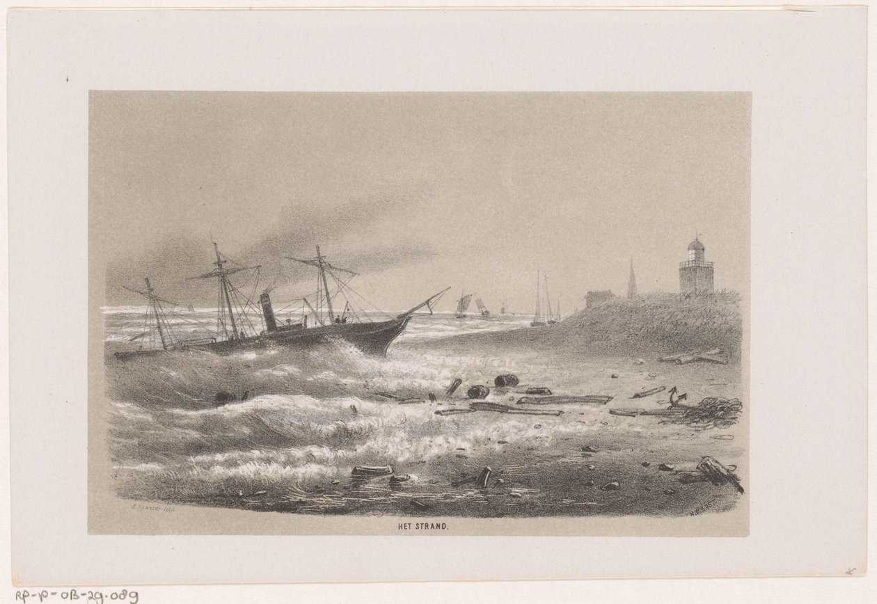 السفينة في ورطة على الشاطئ أثناء عاصفة 28 مايو 1860 الشاطئ (العنوان على الكائن) ألبوم لعشرة رسومات مطبوعة بالحجر ، تصور تونيلين فان دي فيروستينج ، المتضررة من عاصفة 28 مايو 1860 في جرافينهاغسشي بوش بواسطة هندريك فيلهلموس الأخير