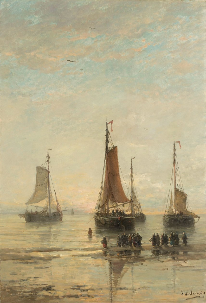 Bluff-Bowed Scheveningen Boats في Anchor بواسطة هندريك ويليم مسداج