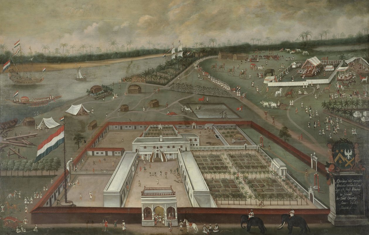 المركز التجاري لشركة الهند الشرقية الهولندية بجانب الغانج في هوغلي ، البنغال ، 1665 بواسطة هندريك فان شويلينبرج