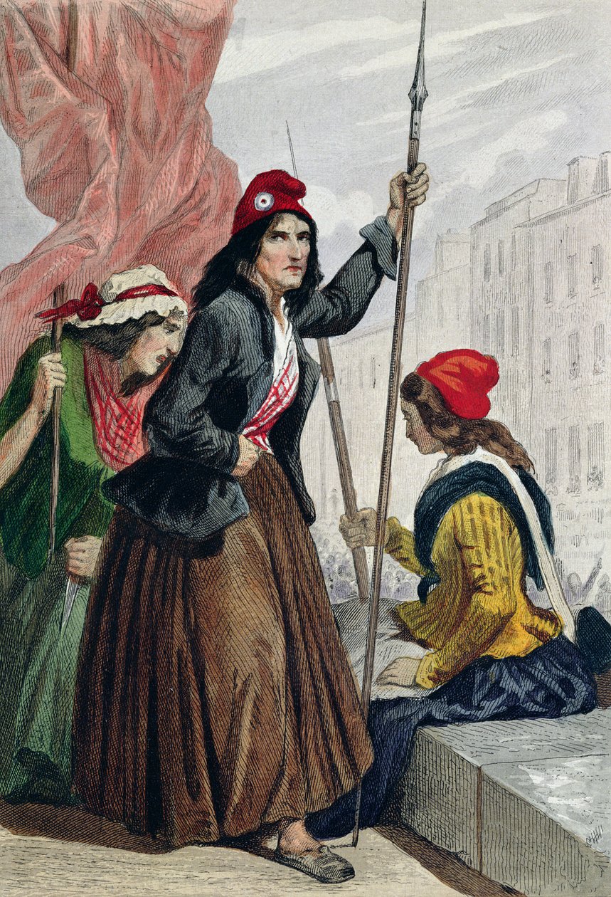 Tricoteuses of the Guillotine on the steps of the Church of Saint-Roch ، 16 أكتوبر 1793 (النقش الملون) بواسطة هنري بارون