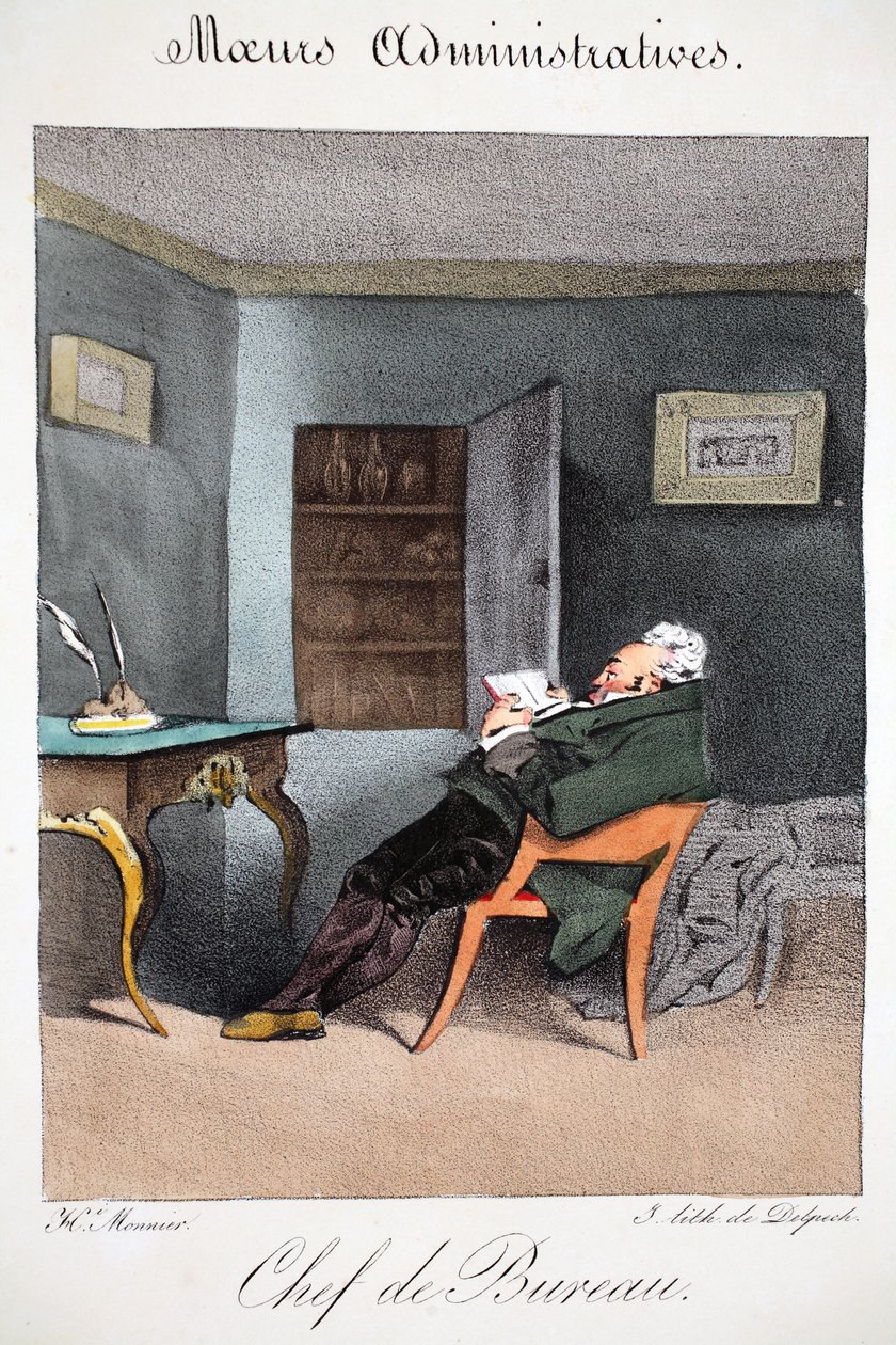 مدير مكتب ، رسم توضيحي من "الآداب الإدارية ، Drawn After Nature" بقلم هنري مونير ، طباعة حجرية من قبل Delpech ، حانة. باريس ، c.1828 (ليثو ملون) بواسطة هنري بونافنتشر منير