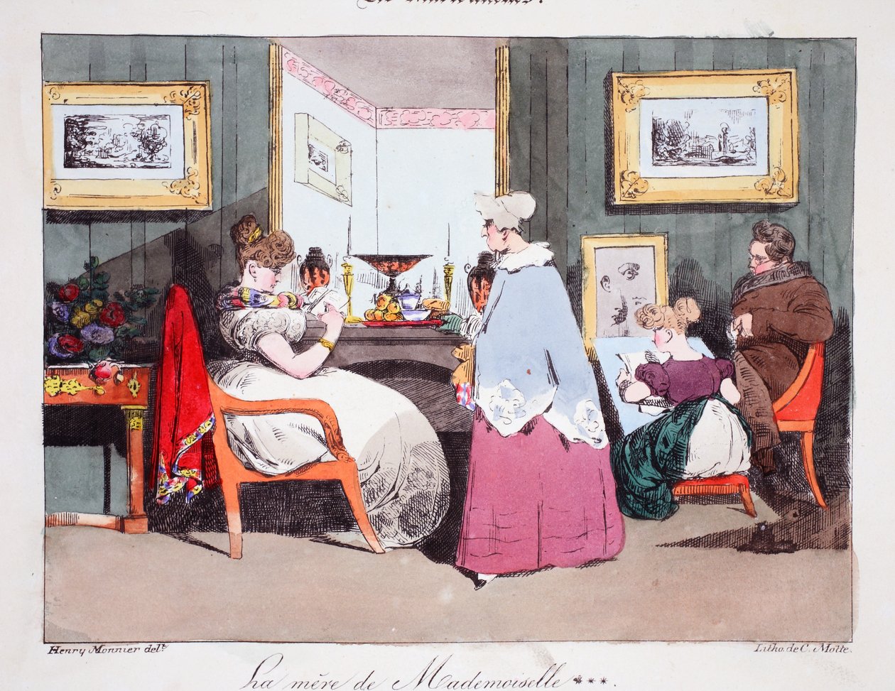 والدة مدموزيل ، رسم توضيحي من "Les Marionnettes" لهنري مونير ، طبع بواسطة Delpech ، الحانة. باريس ، c.1828 (ليثو ملون) بواسطة هنري بونافنتشر منير