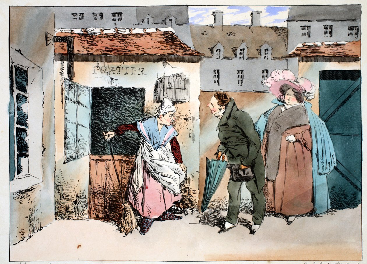 L&39;Épicier et La Portiere ، c.1828 (ليثو ملون يدويًا) بواسطة هنري بونافنتشر منير