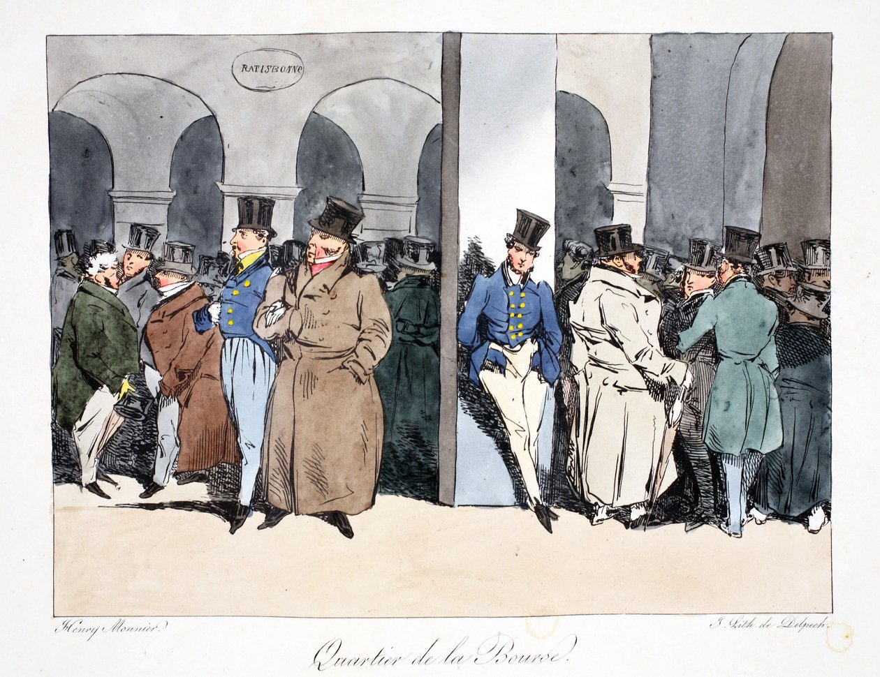Quartier de la Bourse ، رسم توضيحي من "Six Quartiers de Paris" بواسطة Henri Monnier ، طبع بواسطة FS Delpech ، حانة. باريس ، c.1828 (ليثو ملون) بواسطة هنري بونافنتشر منير