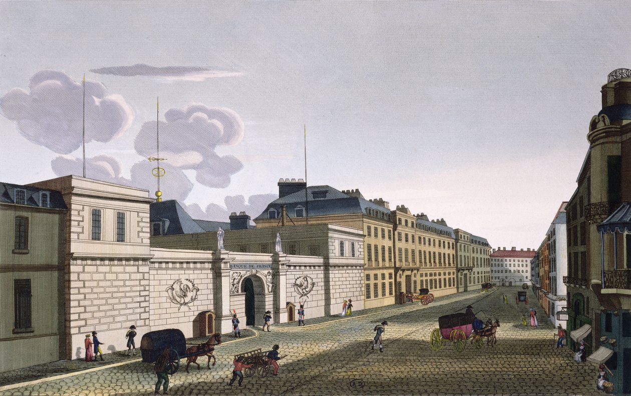 بنك فرنسا من Rue Croix-Petits-Champs ، نقش بواسطة يوجين دوبوا ، 1800 بواسطة Henri Courvoisier-Voisin
