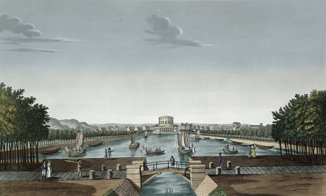 Vief of the Bassin du Canal de l&39;Ourq a la Villette، c.1815-20 (النقش الملون) بواسطة Henri Courvoisier-Voisin