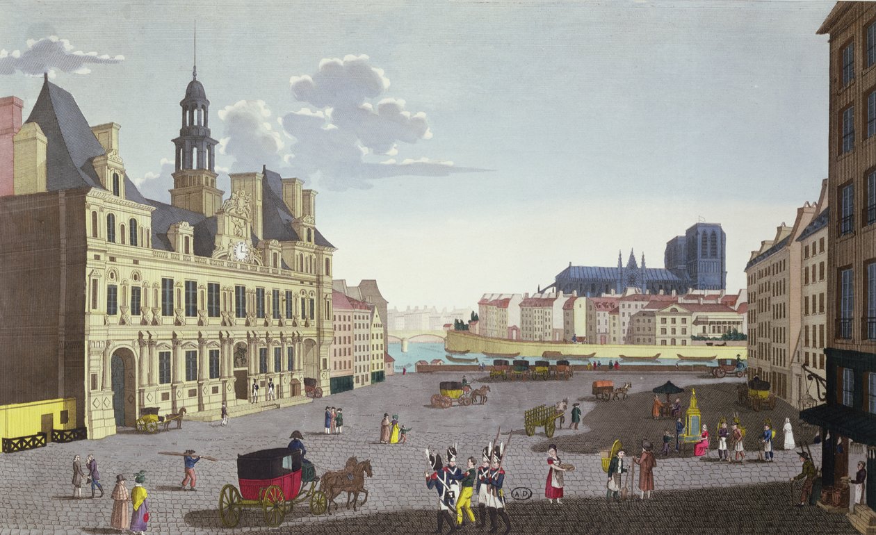 منظر لـ Place de l&39;Hotel de Ville ، كما يُرى من شارع du Mouton ، محفور بواسطة Guiguet ، c.1815-20 بواسطة Henri Courvoisier-Voisin