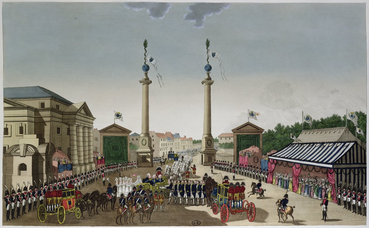 عرض مفاتيح باريس للملك لويس الثامن عشر (1755-1824) في Barriere Saint-Denis في 3 مايو 1814 ، c.1815-20 (النقش بالألوان) بواسطة Henri Courvoisier-Voisin