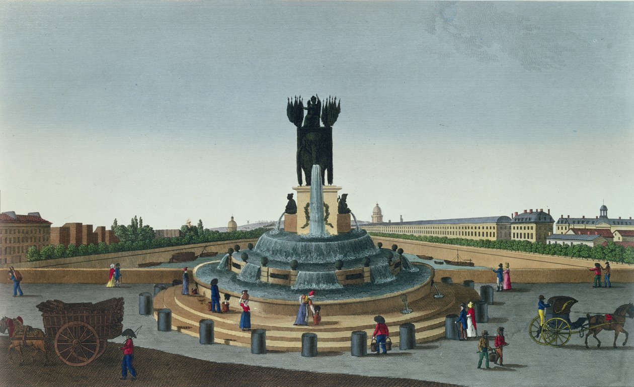 نافورة الفيل في ساحة الباستيل ، 1815-20 (النقش بالألوان) بواسطة Henri Courvoisier-Voisin