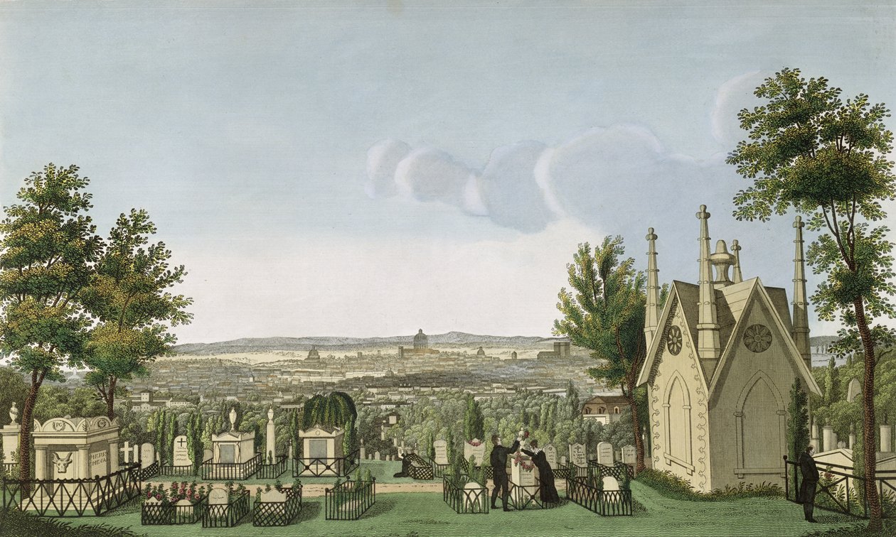 منظر لمقبرة Pere-Lachaise من الكنيسة القوطية ، محفورة بواسطة Guiguet بواسطة Henri Courvoisier-Voisin