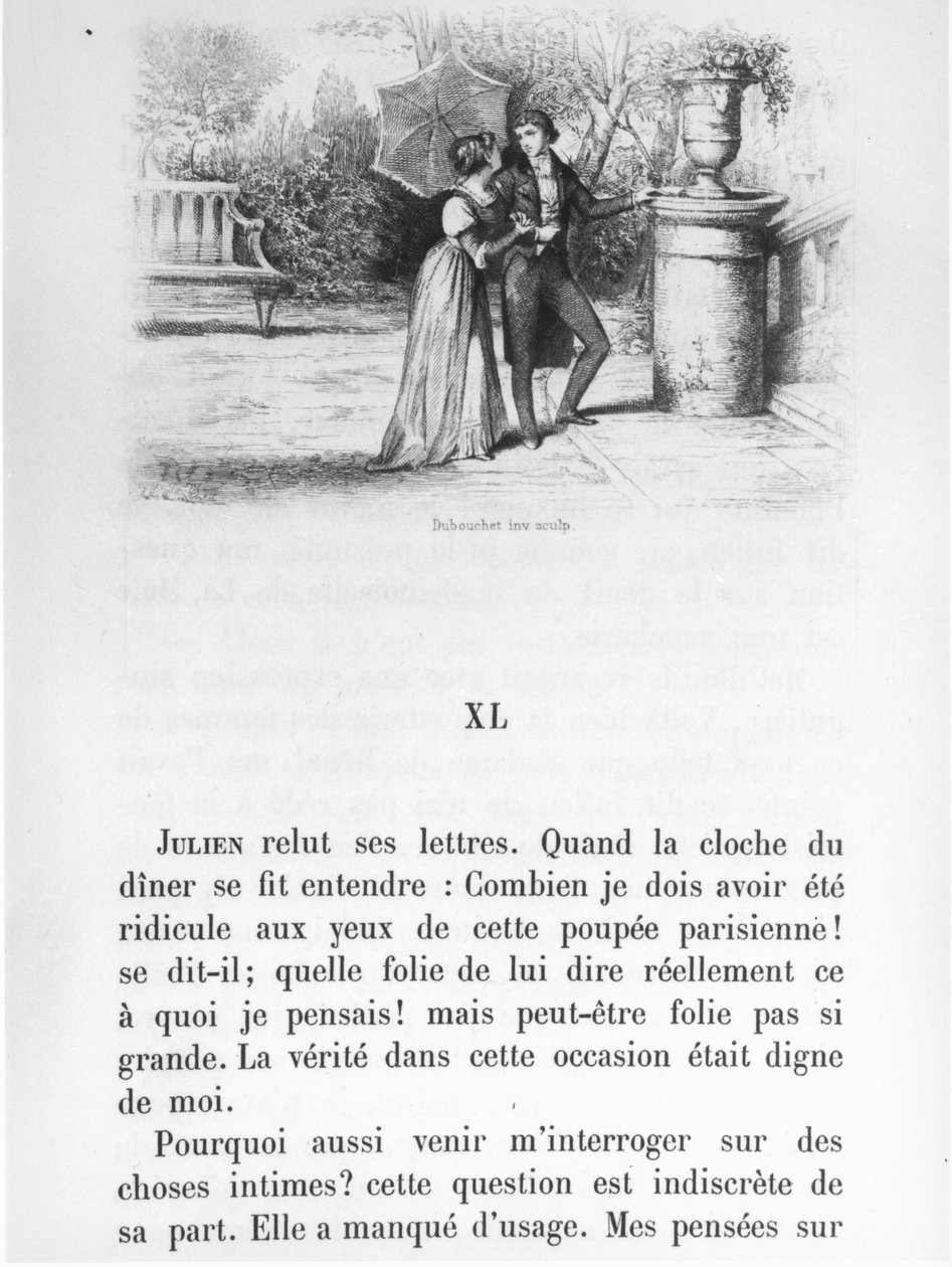 رسم توضيحي لـ "الأحمر والأسود" للمؤلف ستيندهال (1783-1842) نُشر عام 1884 بواسطة هنري جوزيف دوبوشيت