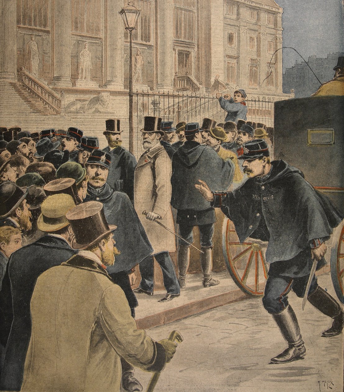 إميل زولا خارج المحكمة ، رسم توضيحي من `` Le Petit Journal: Supplement illustre &39;&39; ، 20 فبراير 1898 بواسطة هنري ماير