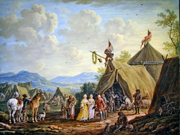 زيارة معسكر عسكري (جواش على ورق) بواسطة Henri Desire van Blarenberghe