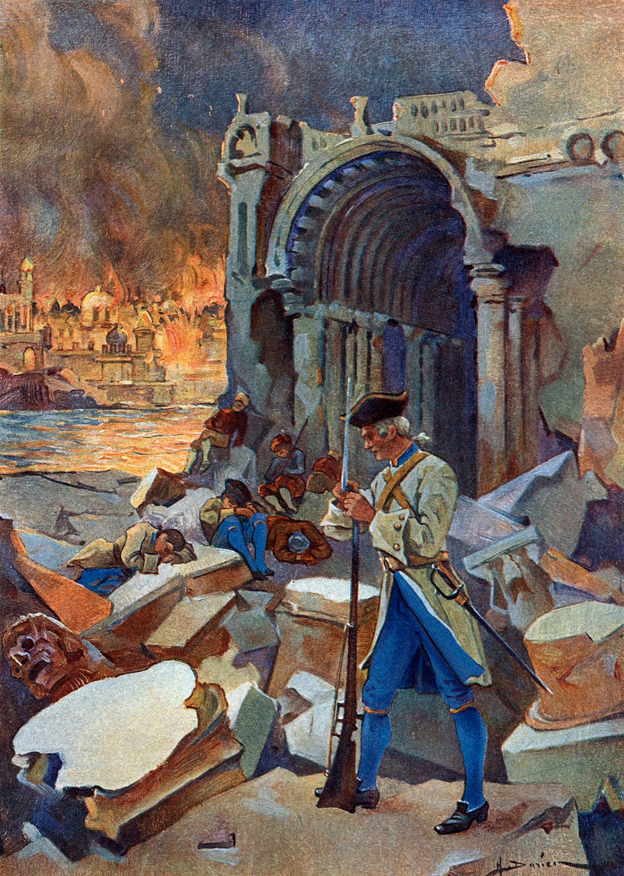 الحملة الهندية (1778-1783): منظر لمعركة ترينكويمالاي في أغسطس 1782 في سيلان ، معارضة جيش سوفرين الفرنسي ضد الأدميرال هوغز البريطاني "(الحرب الثورية الأمريكية: جزر الهند الشرقية: معركة ترينكومالي بين أسطول بريطاني بواسطة هنري جاستون دارين