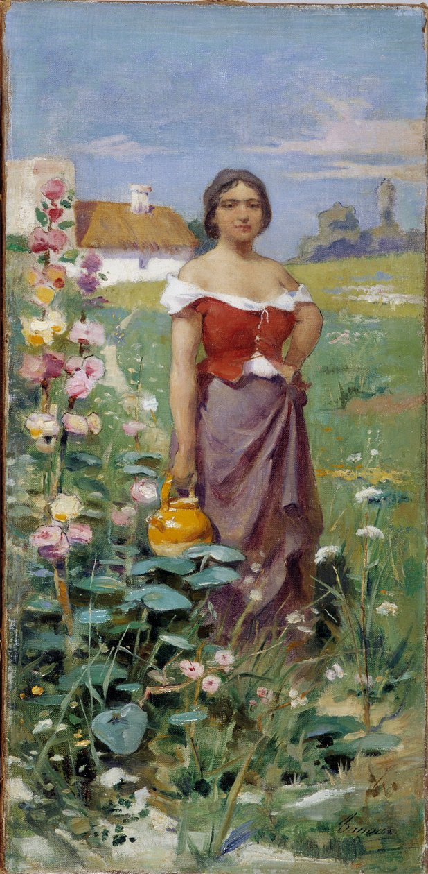 Camargaise إبريق امرأة شابة يرتدون ملابس غجرية في حقل. لوحة أدريان هنري تانو (1865-1923) القرن العشرين ذكر إلزامي: مجموعة مؤسسة فور دي بروفانس ، مرسيليا بواسطة هنري أدريان تانوكس