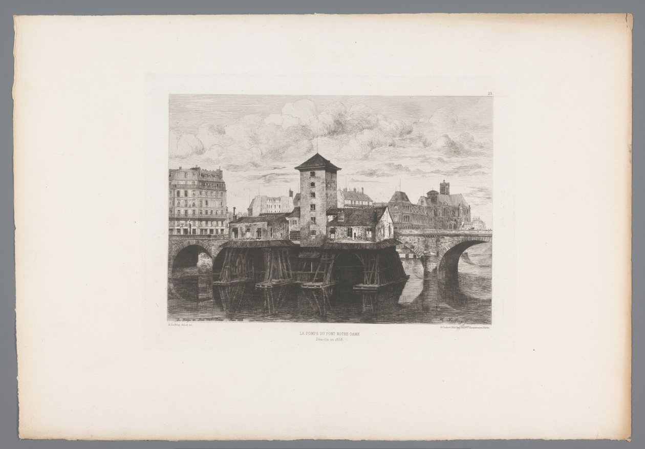 Gezicht op de Pont Notre-Dame مضخة Pont Notre-Dame (العنوان على الجسم) فرنسا etsen uit 1875 (عنوان المسلسل) النقش في عام 1875 (عنوان المسلسل) بواسطة هنري الكسندر سافري