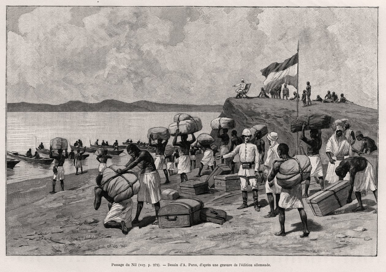 ممر النيل. نقش لباريس لتوضيح قصة "" Au secours d'Emin Pacha "، للدكتور بيترز (1856-1918) بواسطة هنري ألفونس لويس لوران ديسروسو