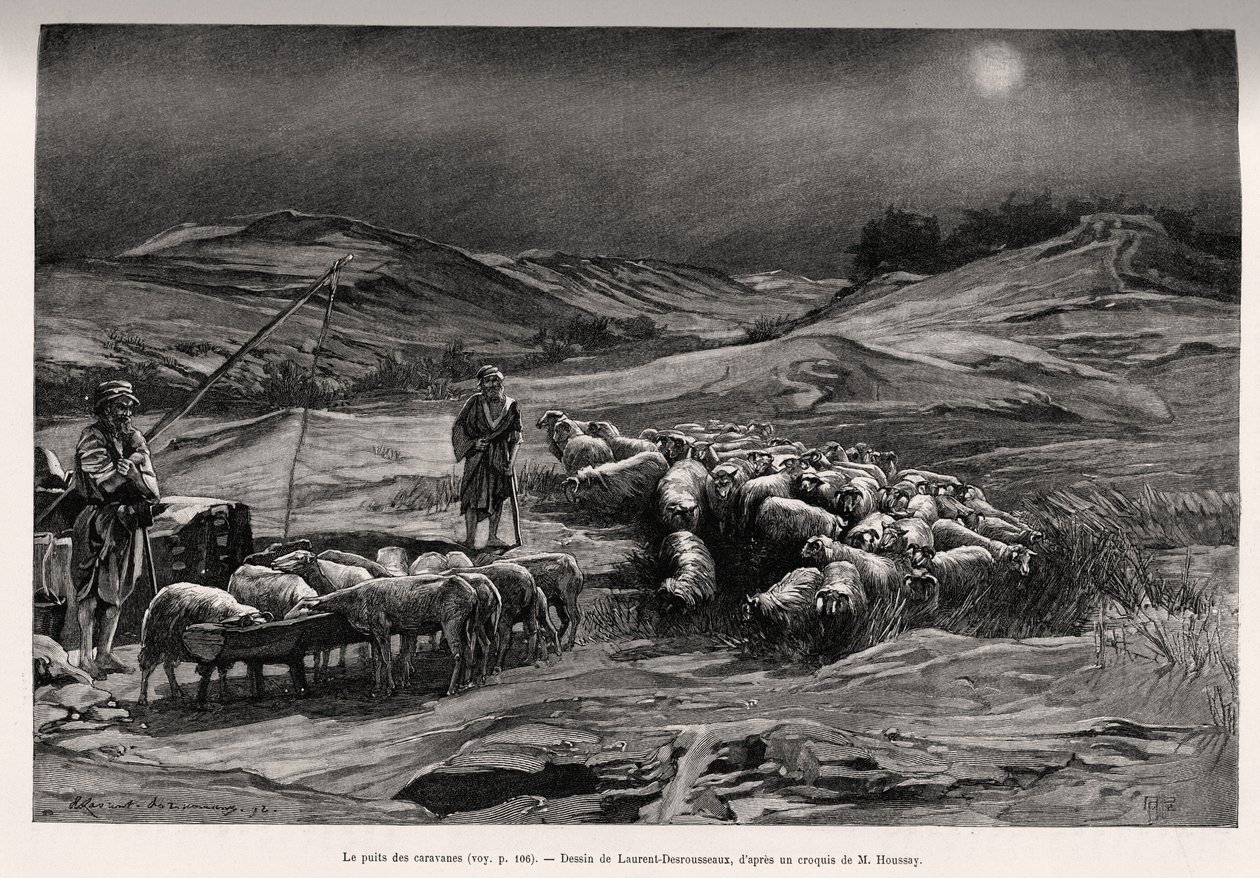 The trailer well. Engraving by Laurent Desrousseaux to illustrate the story “A travers la Perse meridionale””, by C.Babin and F.Houssay, in 1885, in Le tour du Monde 1892, directed by Edouard Charton (1807-1891), Hachette, Paris. بواسطة هنري ألفونس لويس لوران ديسروسو