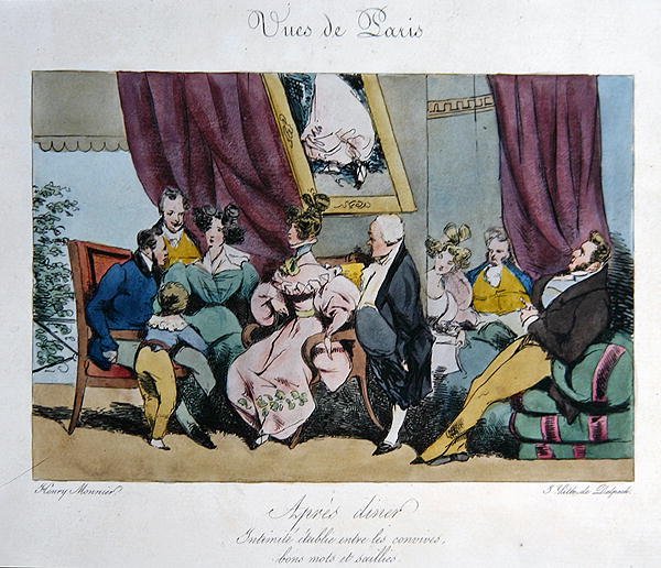تصوير فكاهي لسلوك ومحادثات الضيوف بعد العشاء ، رسوم متحركة لـ "Vues de Paris، esquisses morales et Philpech" ، نقشها فرانسوا سيرافين ديلبش (1778-1825) (لون ليثو) بواسطة هنري بونافنتورا (بعد) مونير