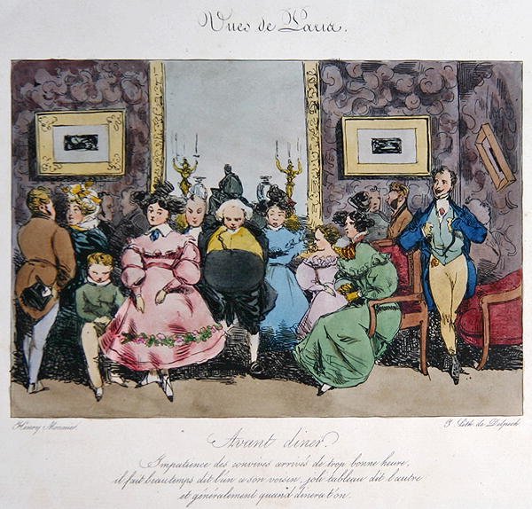 تصوير فكاهي لسلوك ومحادثات الضيوف قبل العشاء ، نقشها فرانسوا سيرافين ديلبش (1778-1825) (لون ليثو) بواسطة هنري بونافنتورا (بعد) مونير
