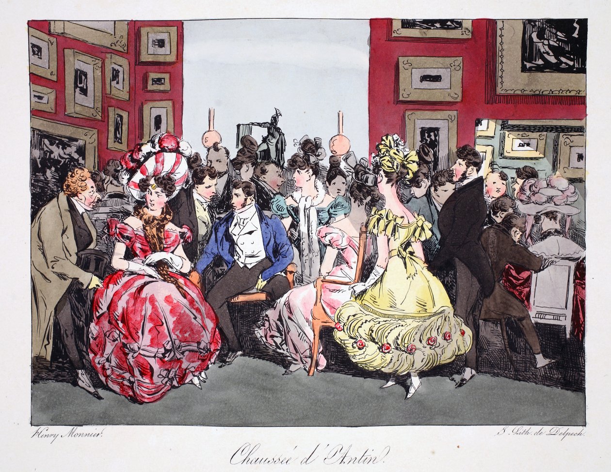 Chaussée d&39;Antin ، رسم توضيحي من "Six Quartiers de Paris" بواسطة Henri Monnier ، طبع بواسطة FS Delpech ، حانة. باريس ، c.1828 (ليثو ملون) بواسطة هنري بونافنتشر منير
