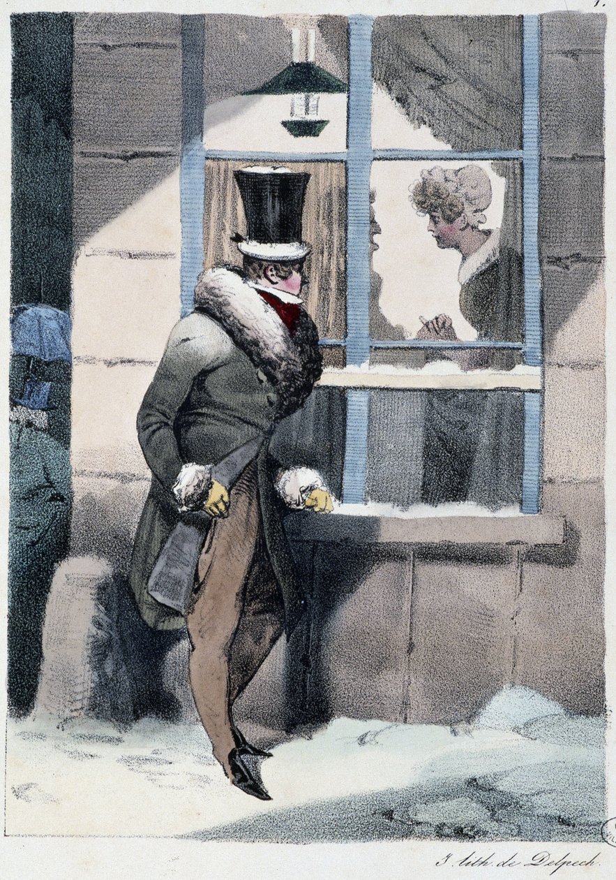 Curious man looking out the window inside a house: “” Everyone takes his pleasure where he finds him”” - in “” Les pastemps”” by Henri Monnier, ed. Delpech, Paris بواسطة هنري بونافنتشر منير