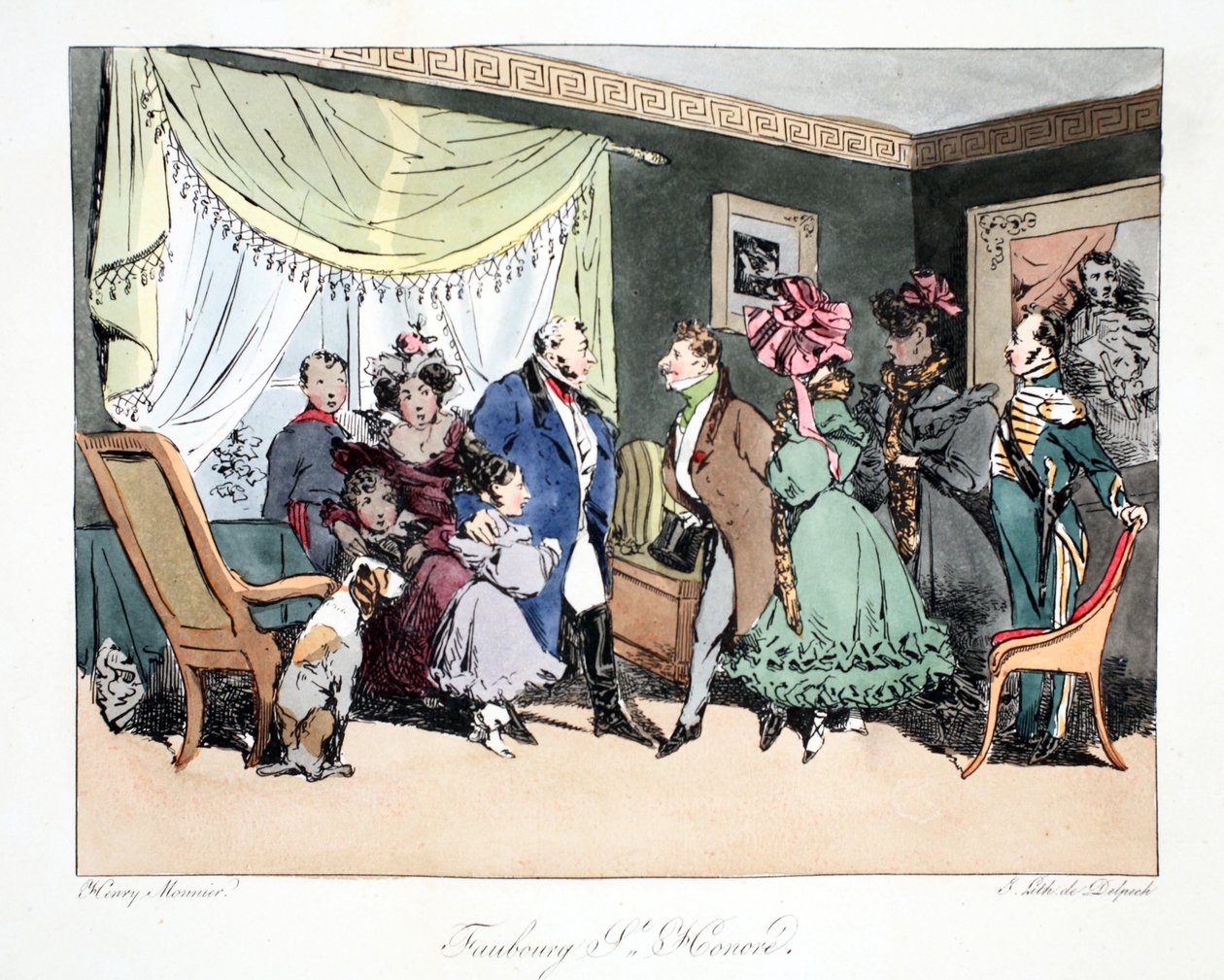 فوبورج سانت أونوريه ، رسم توضيحي من "Six Quartiers de Paris" بقلم هنري مونير ، طبع بواسطة FS Delpech ، حانة. باريس ، c.1828 (ليثو ملون) بواسطة هنري بونافنتشر منير