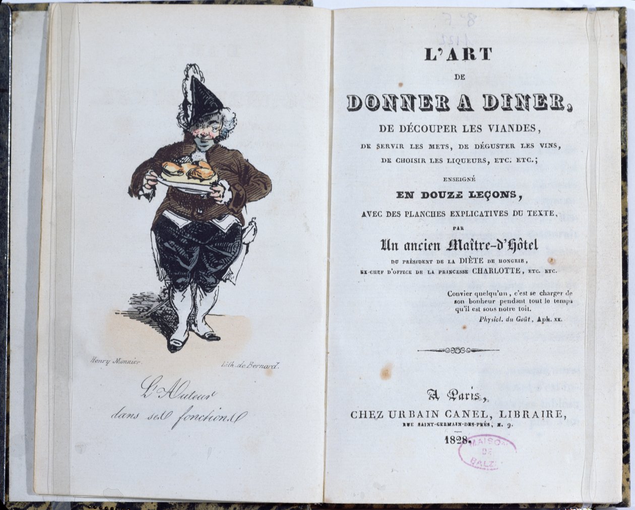 الجزء الأمامي من كتاب "L&39;Art de Donner A Diner" ، الذي نشره Honore de Balzac (1799-1850) ، 1828 بواسطة هنري بونافنتشر منير