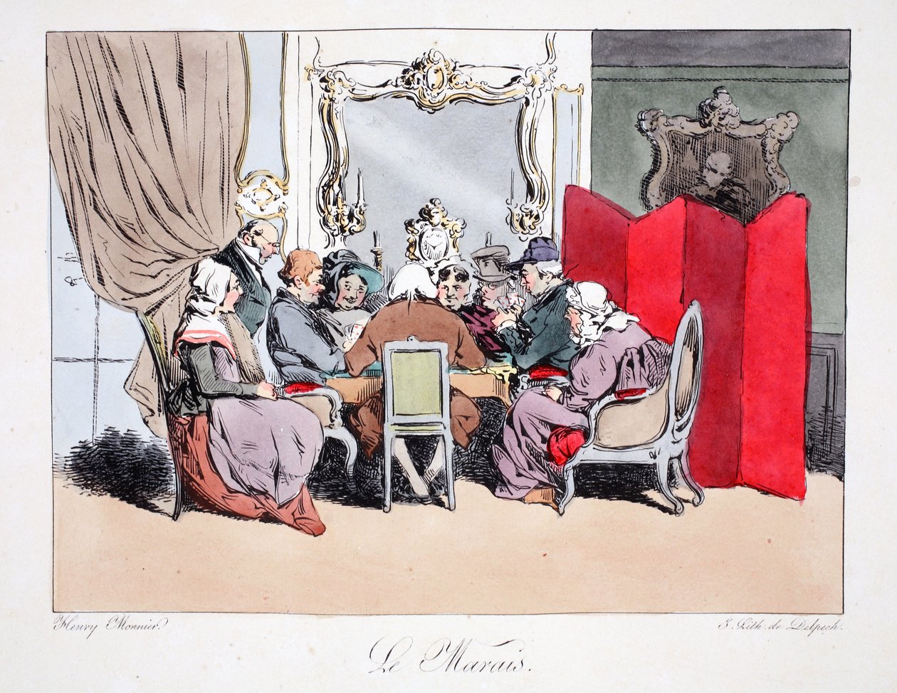 Le Marais ، رسم توضيحي من "Six Quartiers de Paris" بواسطة Henri Monnier ، طبع بواسطة FS Delpech ، حانة. باريس ، c.1828 (ليثو ملون) بواسطة هنري بونافنتشر منير