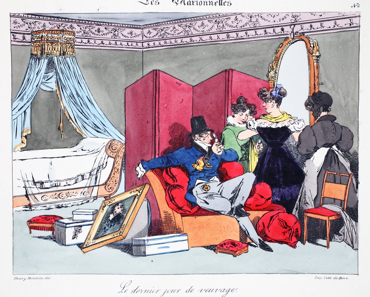 اليوم الأخير من الترمل ، رسم توضيحي من "Les Marionnettes" بواسطة هنري مونير ، طبع بواسطة Delpech ، حانة. باريس ، c.1828 (ليثو ملون) بواسطة هنري بونافنتشر منير