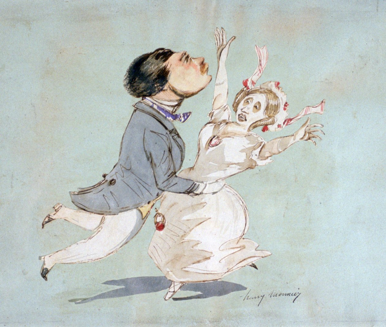 الزوجان". لوحة مائية للفنان هنري مونييه (1805-1877) رسام الكاريكاتير الفرنسي. بواسطة هنري بونافنتشر منير